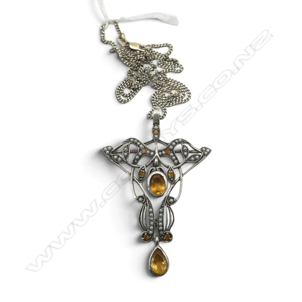 STG SILVER, SEED PEARL & CITRINE? ART NOUVEAU STYLE PENDANT NECKLACE pearl necklace one seed pearl missing Image 1++
