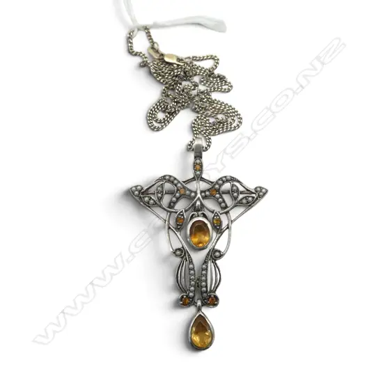 STG SILVER, SEED PEARL & CITRINE? ART NOUVEAU STYLE PENDANT NECKLACE pearl necklace one seed pearl missing