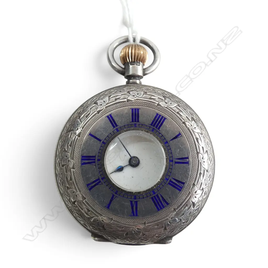 STG SILVER mid size half hunter POCKET WATCH. B'HAM 1885 movement named 'Rochettes Watch'. Blue enamel Image 1++