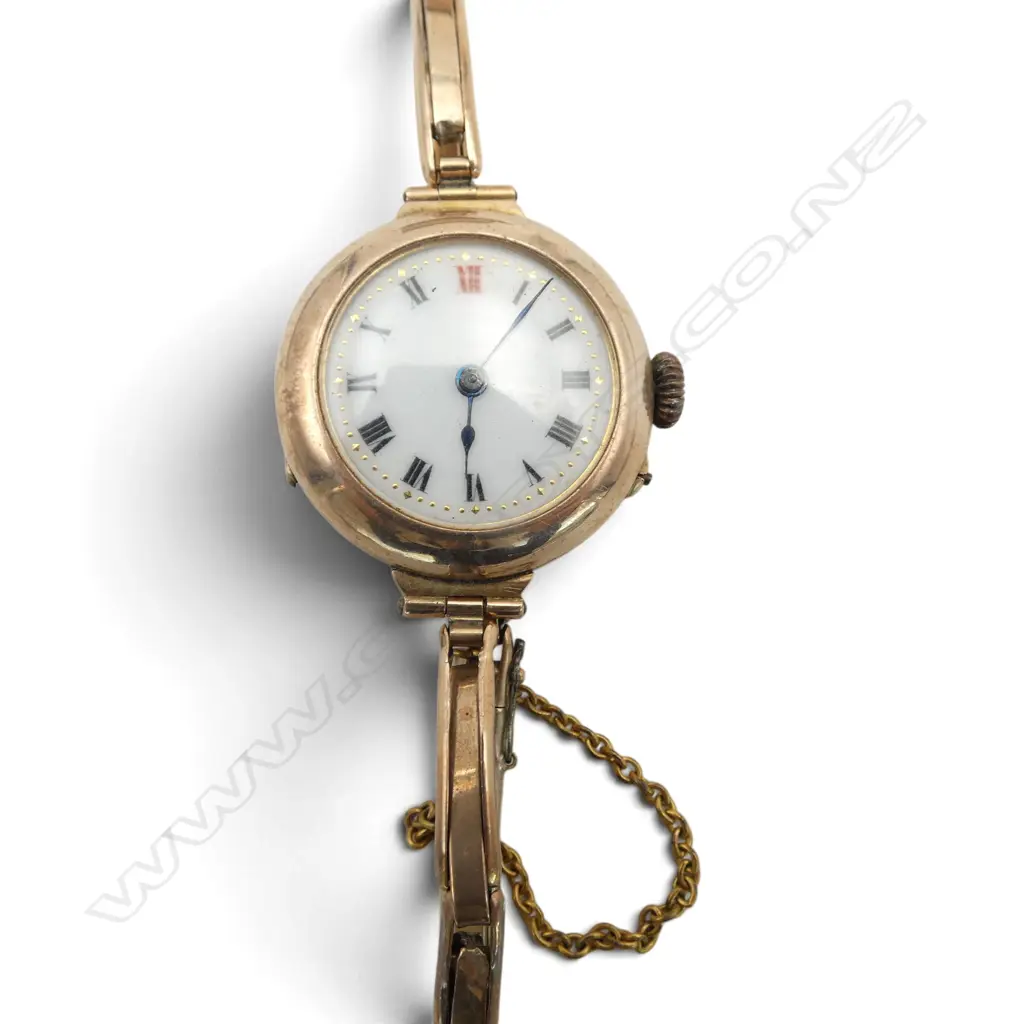 1920's 9ct rose gold ladies wristwatch. 9ct case & strap. Not running. 19gms Image 1++