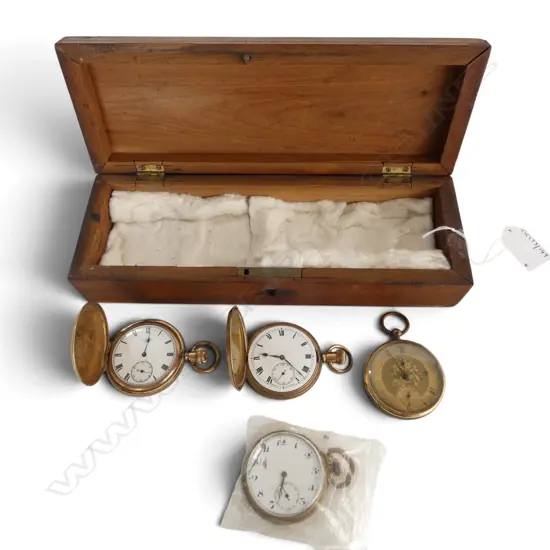 4 ROLLED GOLD ANTIQUE POCKET WATCHES SOME FAULTS IN WOOD BOX 