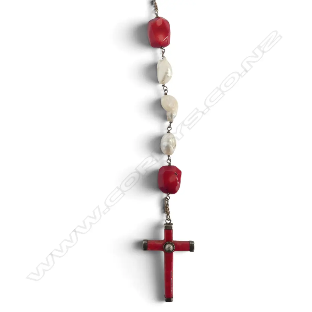 STG SILVER, BAROQUE PEARL & CORAL NECKLACE L.1040mm (750 LAID FLAT) Image 1++