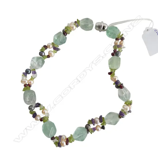 CHUNKY FRESH WATER PEARL & NATURAL  SEMI PRECIOUS STONE NECKLACE L210MM