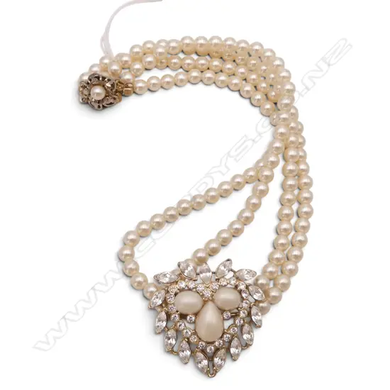 Double Strand costume Pearl & Rhinestone Necklace. Plated fittings