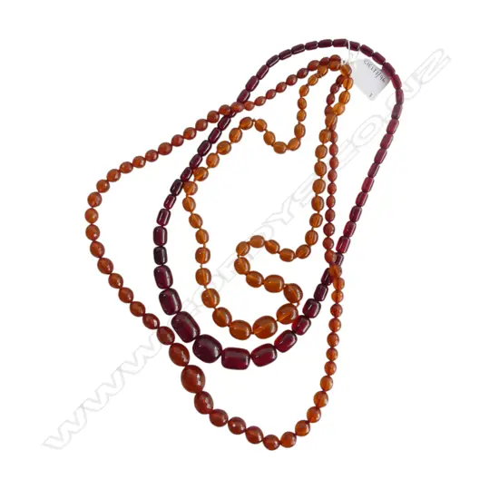 3 VINTAGE STRANDS OF AMBER RESIN BEAD NECKLACES L440MM LONGEST