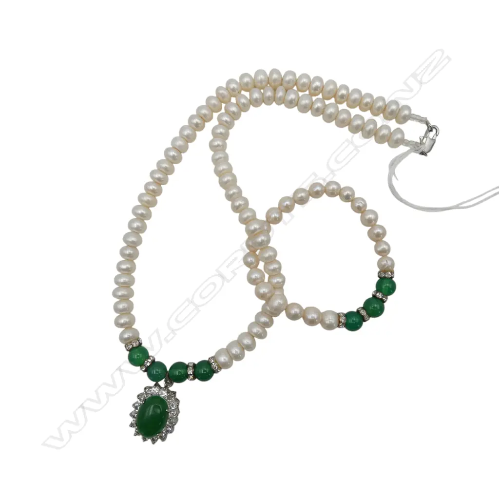 FRESH CULTURED PEARL 7 CHINESE JADE NECKLACE & BRACELET SET Image 1++