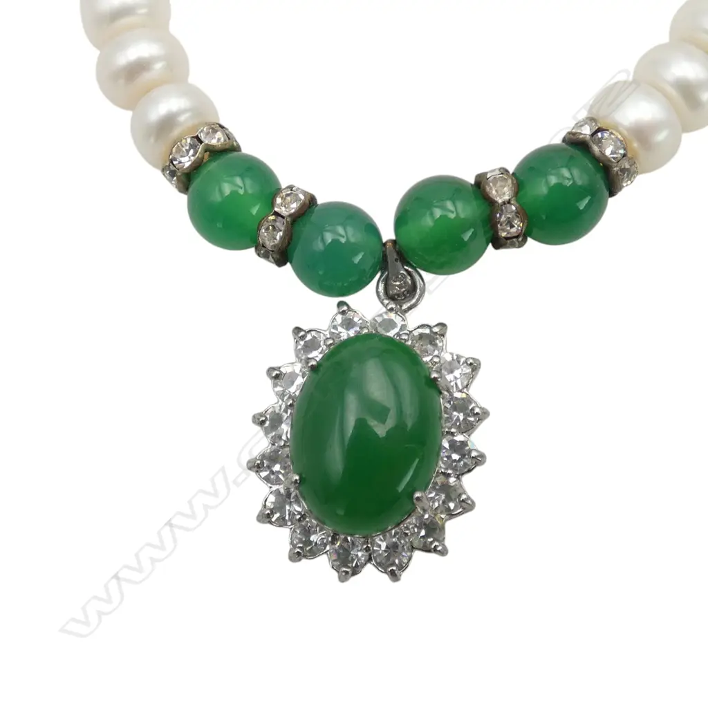 FRESH CULTURED PEARL 7 CHINESE JADE NECKLACE & BRACELET SET Image 1++