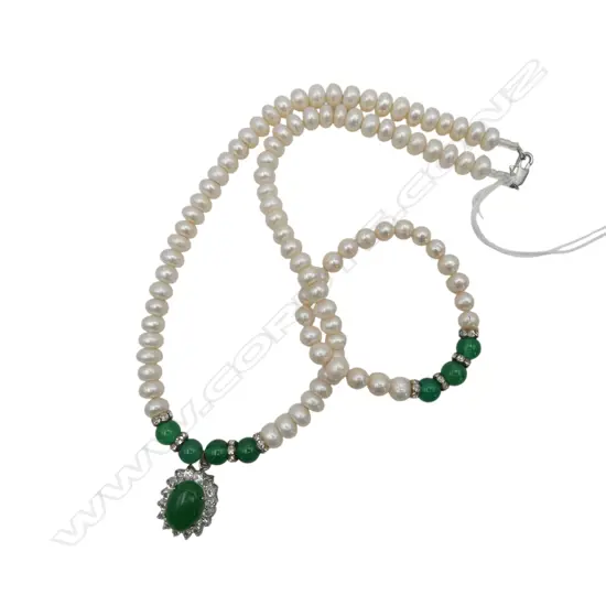 FRESH CULTURED PEARL 7 CHINESE JADE NECKLACE & BRACELET SET