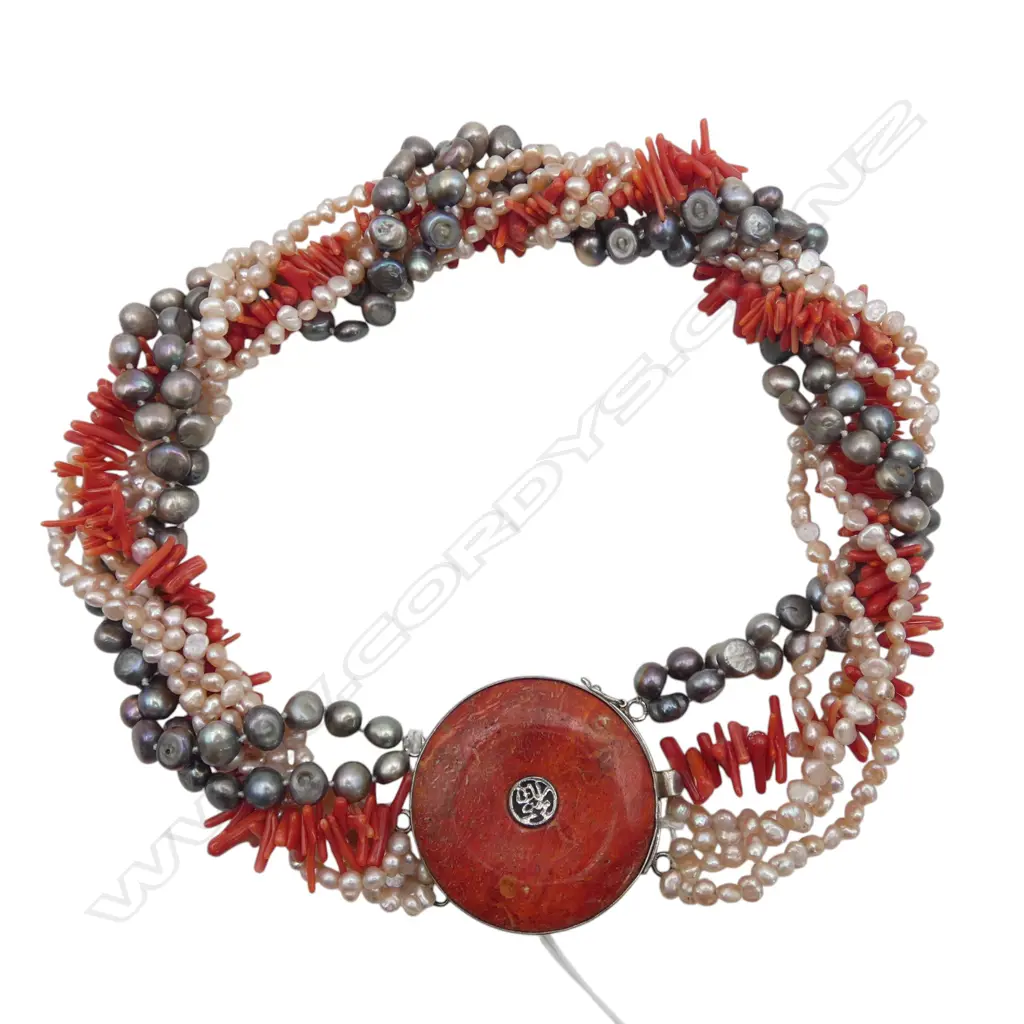 CHUNKY CHINESE CORAL 7 PEARL NECKLACE S/SILVER CLASP Image 1++