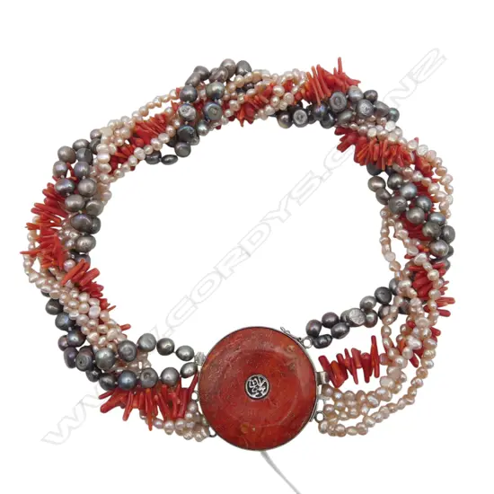 CHUNKY CHINESE CORAL 7 PEARL NECKLACE S/SILVER CLASP