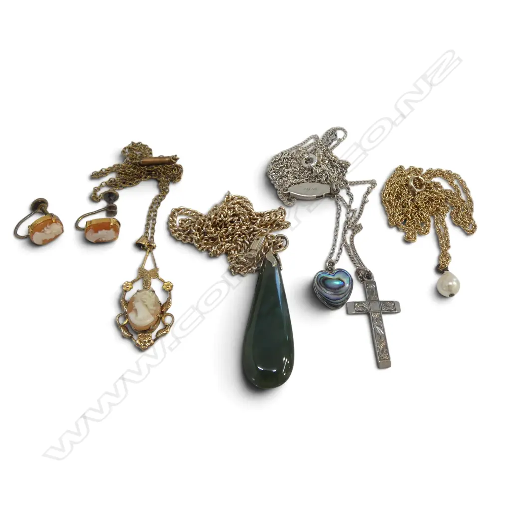 4 PENDANT NECKLACES; STG SILVER CROSS, PAUA HEART PENDANT, POUNAMU ROIMATA PENDANT & PEARL ON G/P CHAIN Image 1++