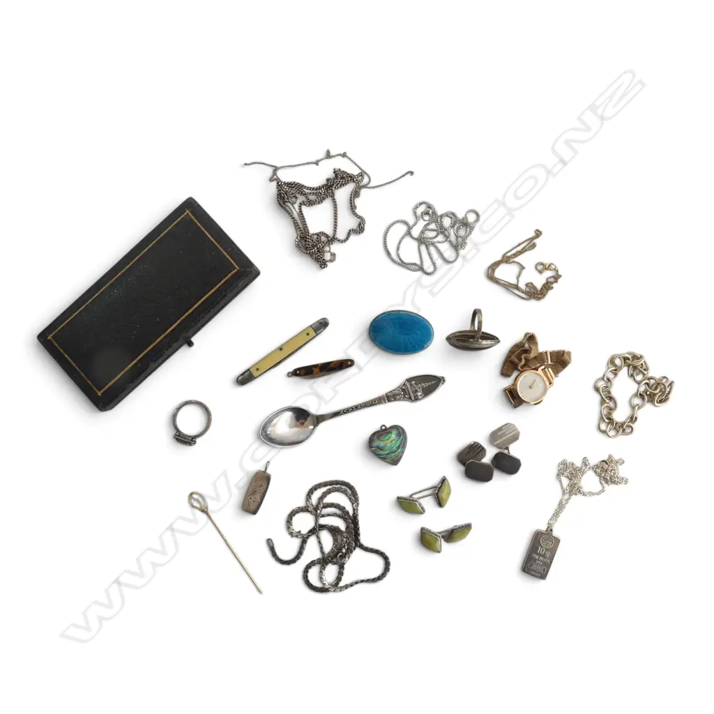 9ct GOLD & BLISTER PEARL STICK PIN + SILVER JEWELLERY:10g PENDANT ETC + OTHER JEWELLERY ETC 2 mini pocket knives etc Image 1++