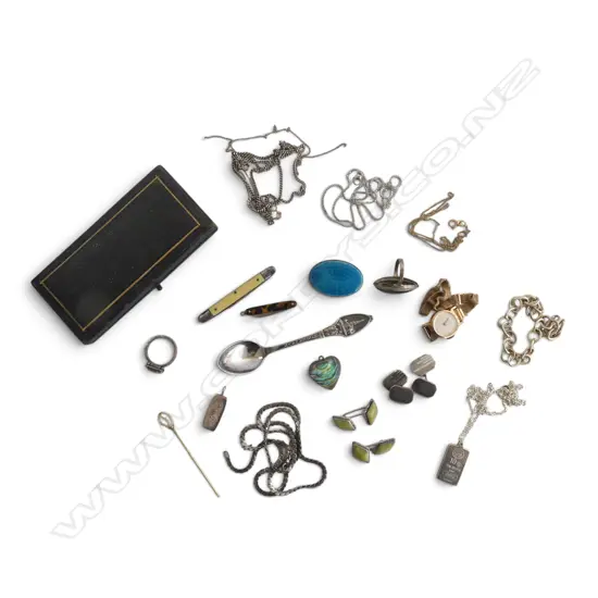 9ct GOLD & BLISTER PEARL STICK PIN + SILVER JEWELLERY:10g PENDANT ETC + OTHER JEWELLERY ETC 2 mini pocket knives etc