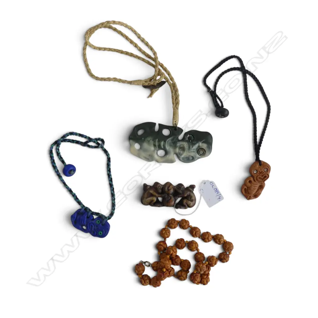 3 RESIN TIKI PENDANT NECKLACES, SOAPSTONE CARVING, BEAD NECKLACE Image 1++