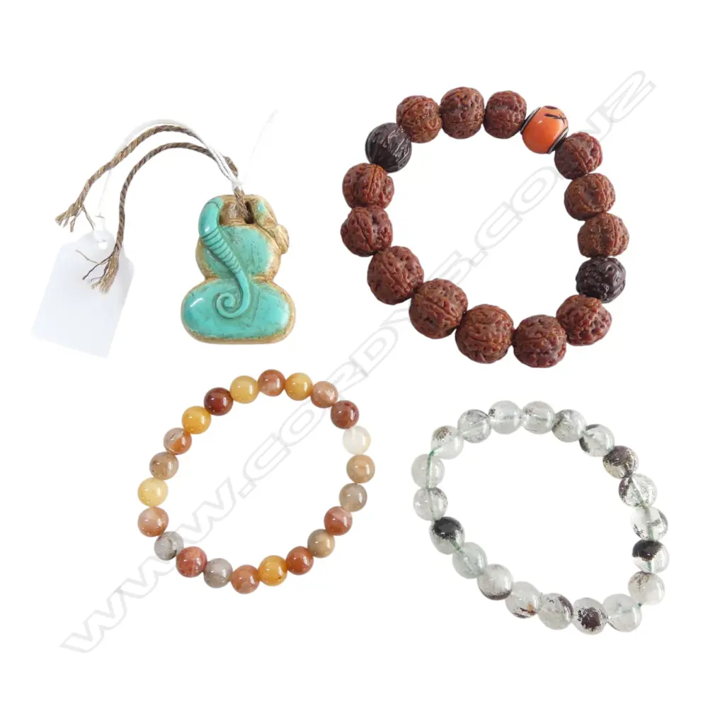3 ORIENTAL BEAD BRACELETS + CARVED STONE PENDANT Image 1++