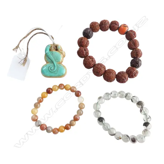 3 ORIENTAL BEAD BRACELETS + CARVED STONE PENDANT