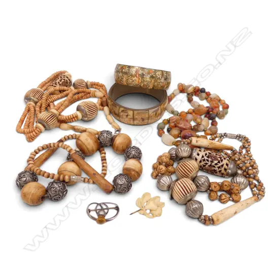 COLLECTION OF TRIBAL JEWELLERY ETC: 4 necklaces: beads of bone + agate + shell & silver? + 2 bangles + silver brooch