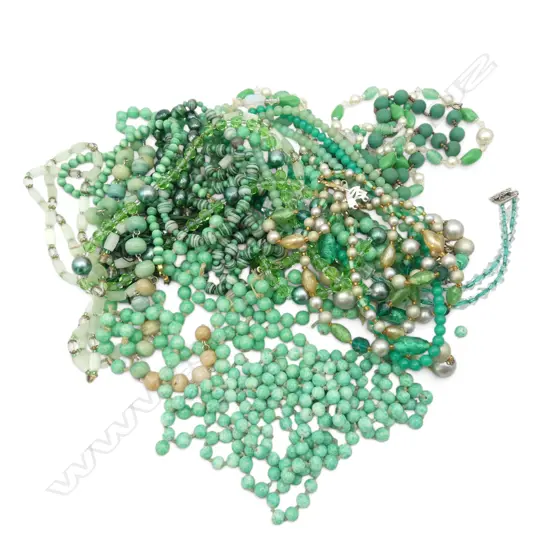 ;LARGE BAG OF VINTAGE GREEN BEAD + OTHERS + PEARL NECKLACES