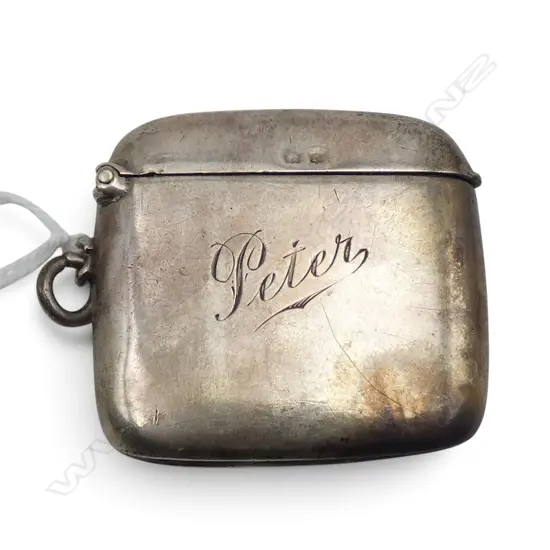 Birmingham 1916 silver plain vesta engraved 'Peter'. Loop attached. 25.6gms