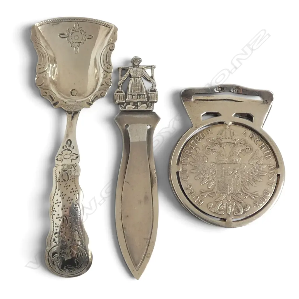 3 PCES CONTINENTAL SILVER; COIN CLIP IN 800 MOUNT, SPOON (REPAIR), PAGE MARKER 41gms Image 1++