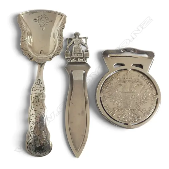 3 PCES CONTINENTAL SILVER; COIN CLIP IN 800 MOUNT, SPOON (REPAIR), PAGE MARKER 41gms