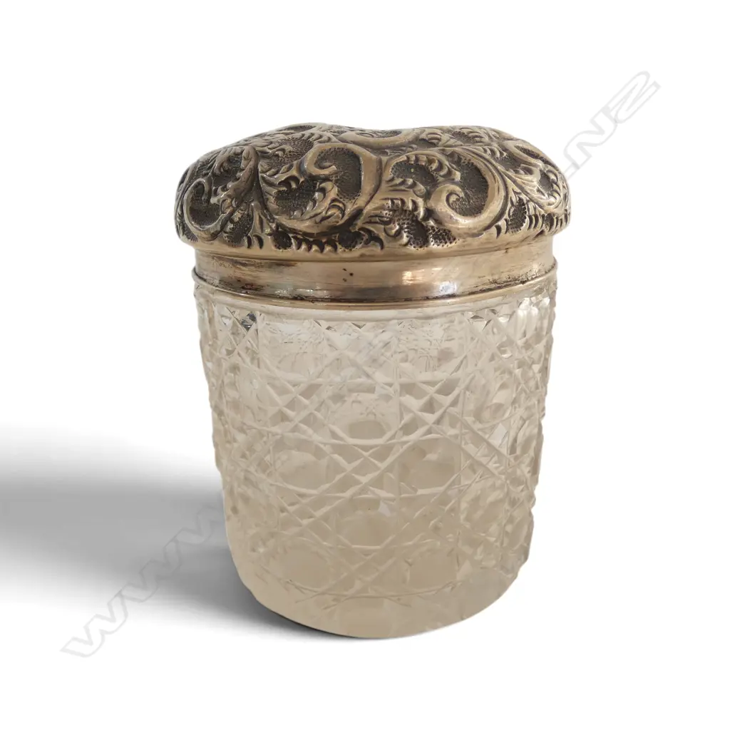 Birmingham 1911 embossed SILVER TOPPED & CUT CRYSTAL HAIR TIDY JAR H.100mm. Silver weight 26gms Image 1++