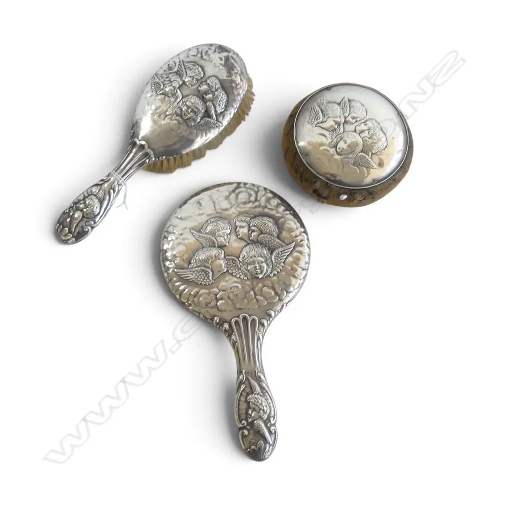 3 PCE STG SILVER; PIN CUSHION, HAND MIRROR, HAIR BRUSH Image 1++