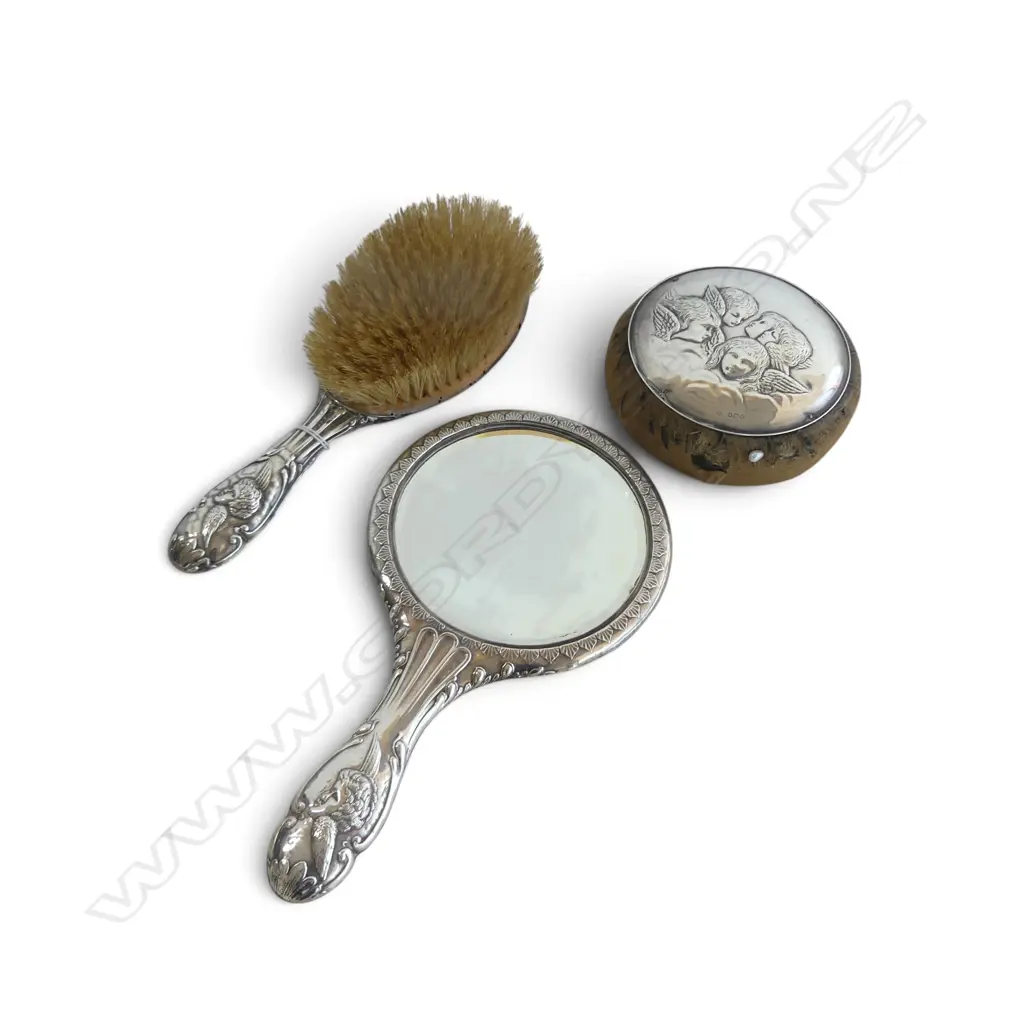 3 PCE STG SILVER; PIN CUSHION, HAND MIRROR, HAIR BRUSH Image 1++