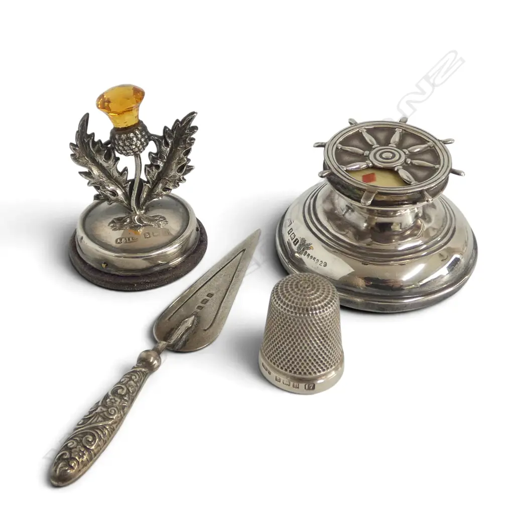 4 PCES STG SILVER; THIMBLE, THISTLE CARD HOLDER, PAGE MARKER, CARD GAME SPINNER Image 1++