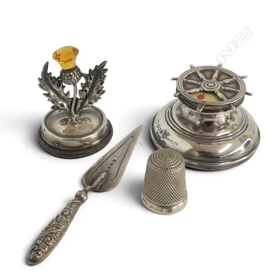 4 PCES STG SILVER; THIMBLE, THISTLE CARD HOLDER, PAGE MARKER, CARD GAME SPINNER