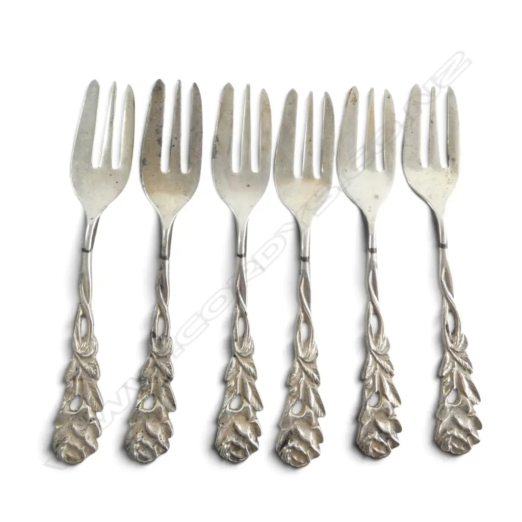 SET OF 6 S/SILVER ROSE HANDLE CAKE FORKS 60.6GMS  Image 1++