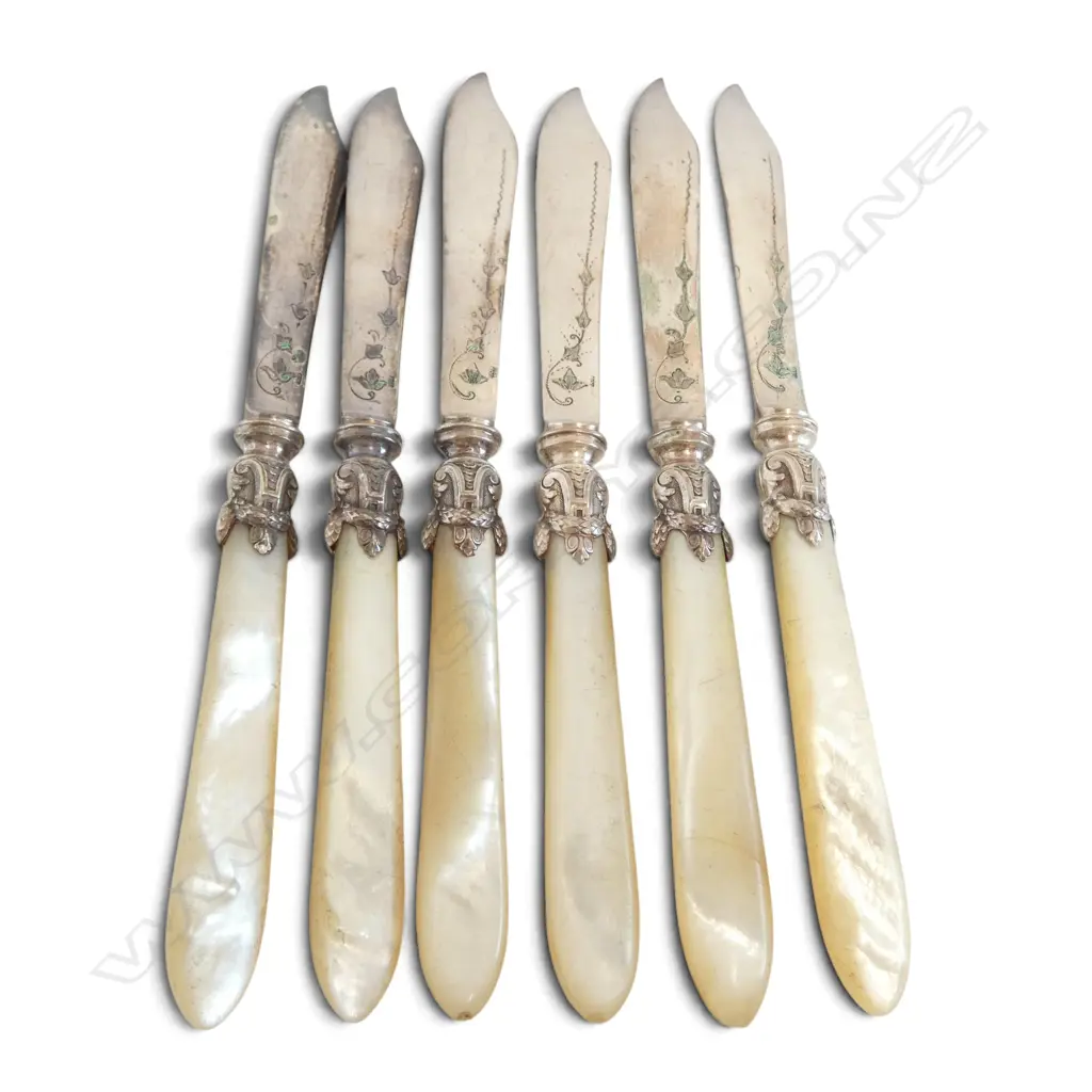 6 ORNATE GERMAN .800 SILVER BLADE KNIVES w. MOP HANDLES Image 1++