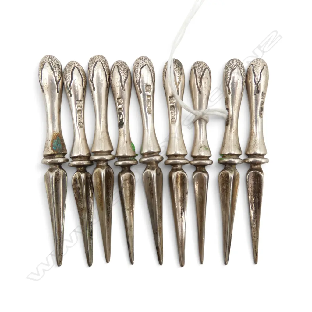 SET 9 SOLID STG SILVER CORN HOLDERS Sheffield 1936. 138gms Image 1++