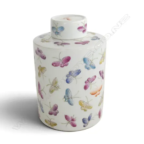 CHINESE WHITE PORCELAINE & BUTTERFLY ENAMEL TEA CADDY label to base reading 'Qing Dynasty' H.160mm