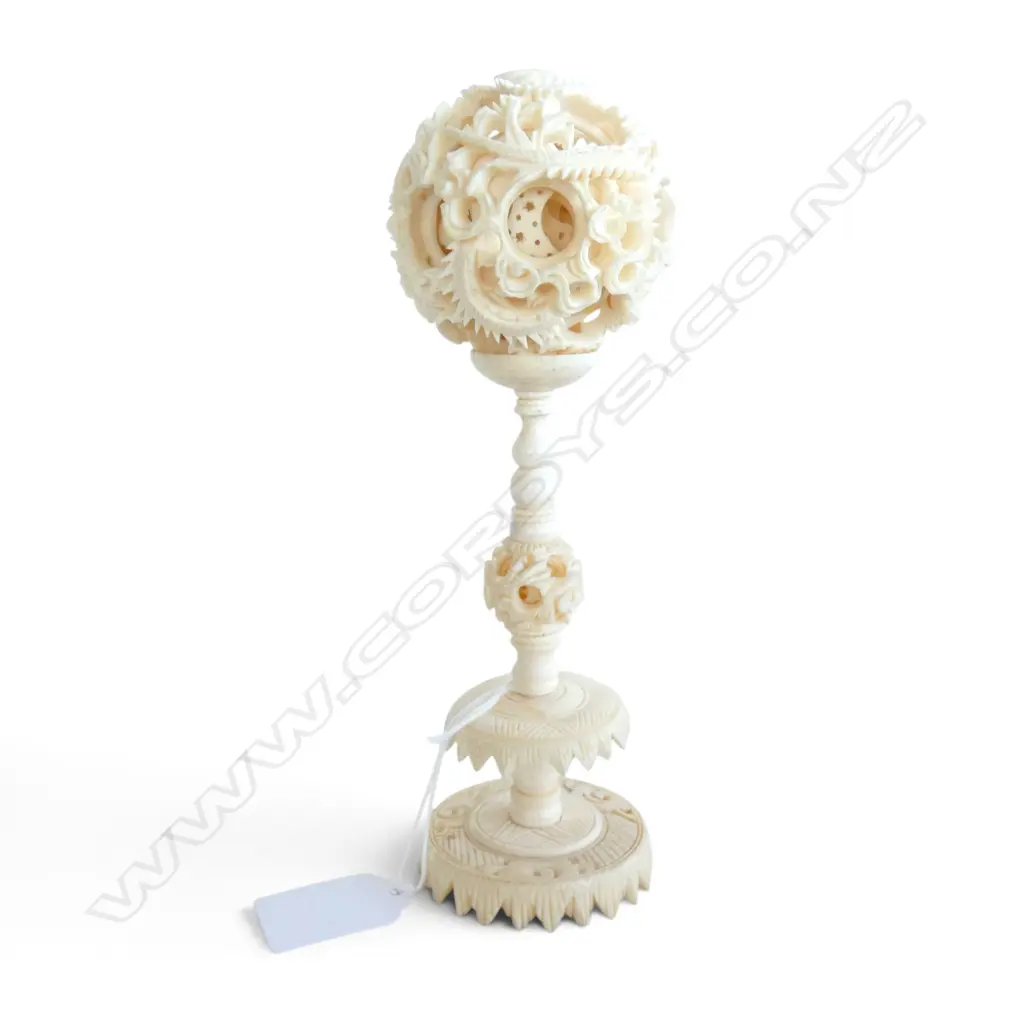 Vintage Chinese carved ivory puzzle ball on pedestal stand. At least 8 layers H.190mm.  Image 1++
