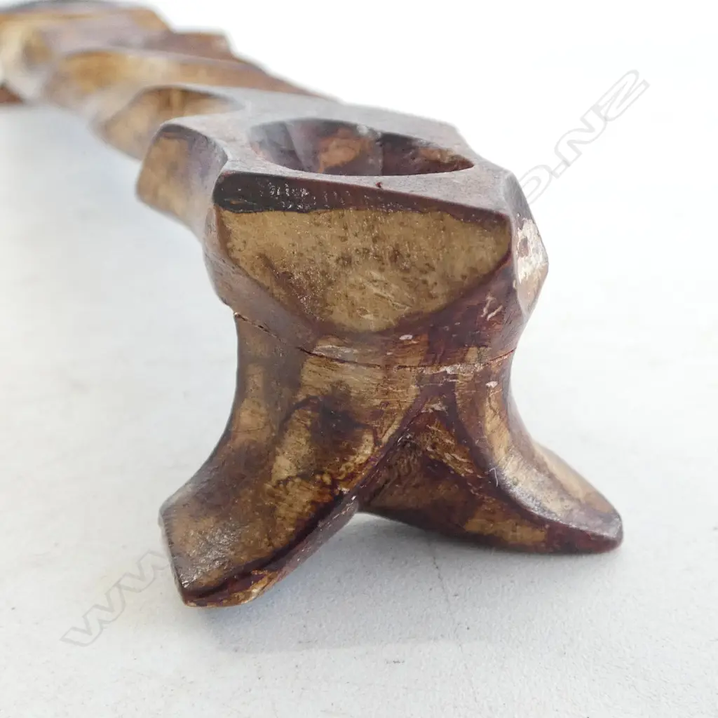 Fine intricately carved vintage carved hippo tusk landscape bridge with figures. L.225mm. On stand. Repair to bridge. Image 1++