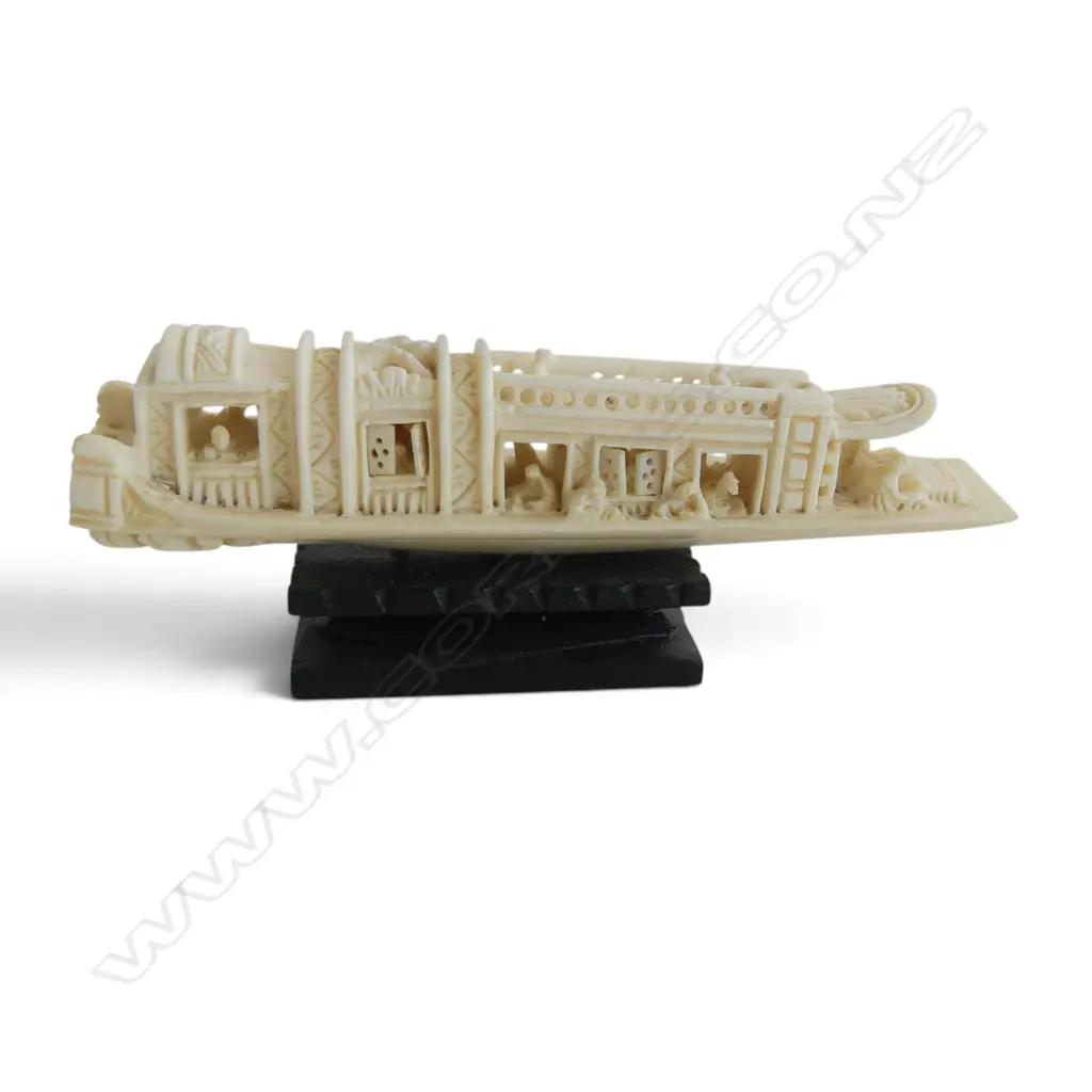 Chinese vintage carved ivory pleasure barges on stands. Opening doors. 1 w no flags. L.127 & 105mm Image 1++