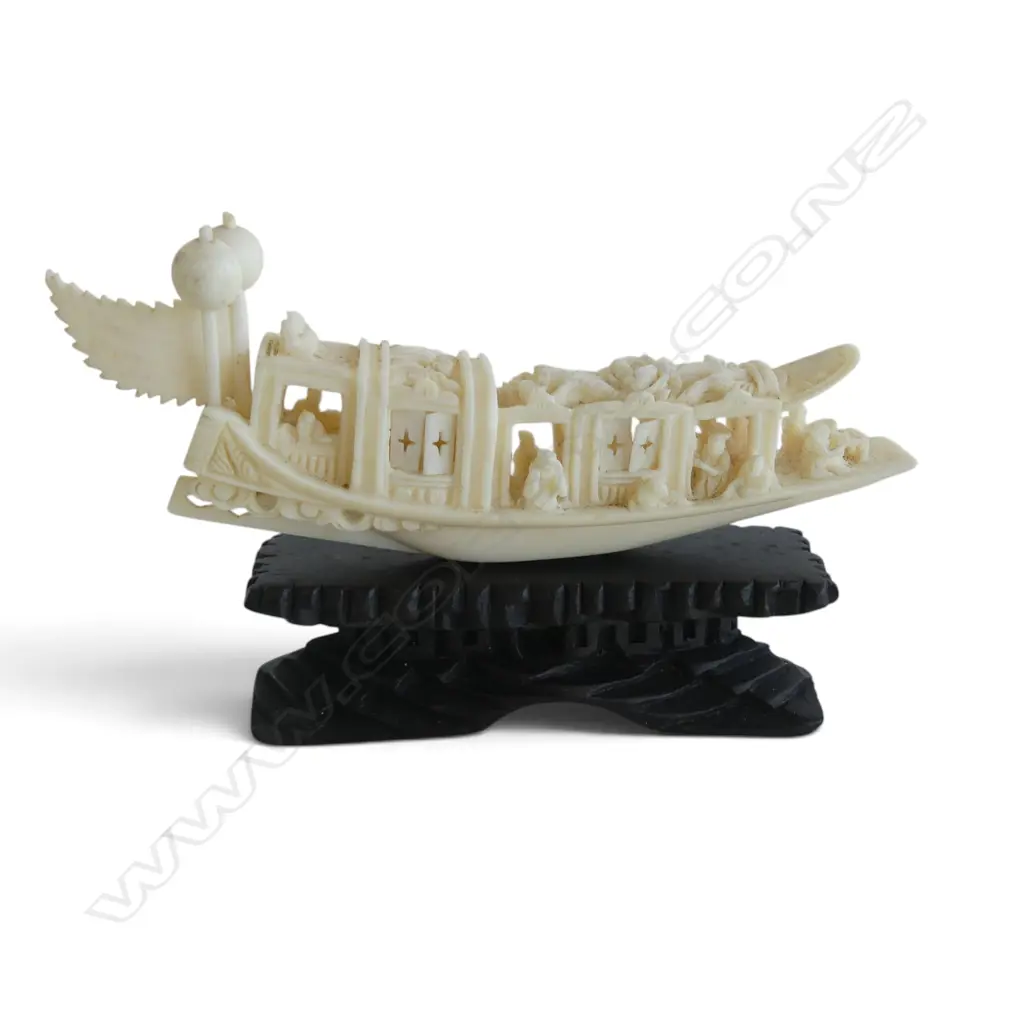 Chinese vintage carved ivory pleasure barges on stands. Opening doors. 1 w no flags. L.127 & 105mm Image 1++