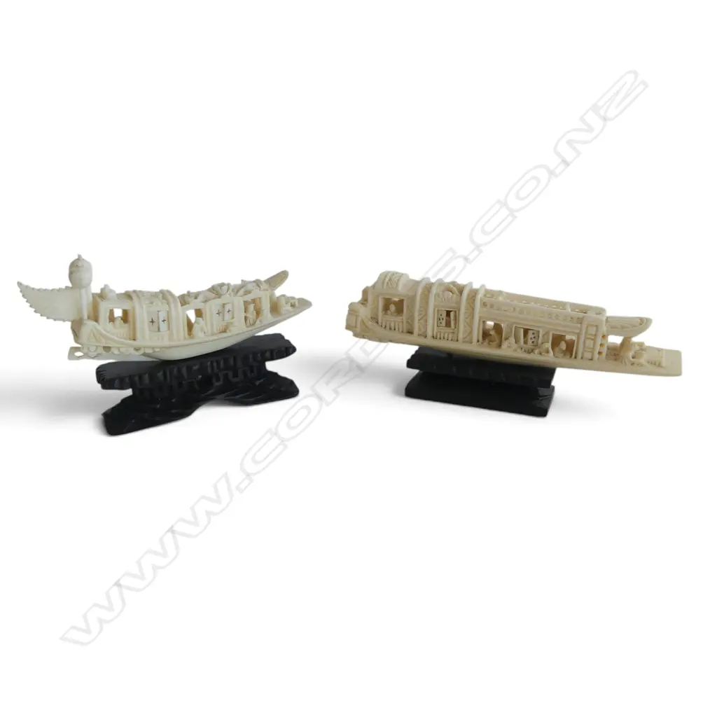Chinese vintage carved ivory pleasure barges on stands. Opening doors. 1 w no flags. L.127 & 105mm Image 1++