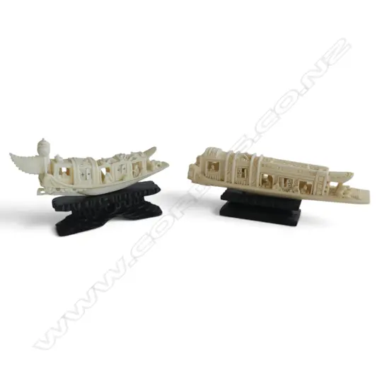 Chinese vintage carved ivory pleasure barges on stands. Opening doors. 1 w no flags. L.127 & 105mm