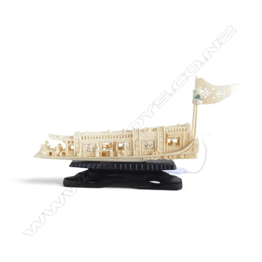 Chinese vintage carved ivory pleasure barge on stand. Minor faults. L.185mm Image 1++