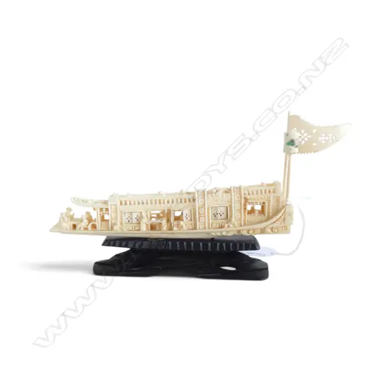 Chinese vintage carved ivory pleasure barge on stand. Minor faults. L.185mm