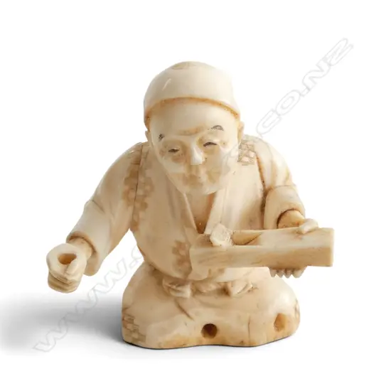 CARVED IVORY NETSUKE OF A CARPENTER some faults H.60mm
