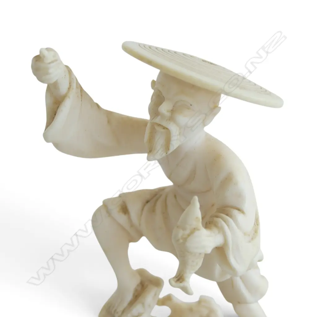 OLD JAPANESE CARVED IVORY FIGURE of a fisherman no pole. On stand. H.112mm H.100mm Image 1++
