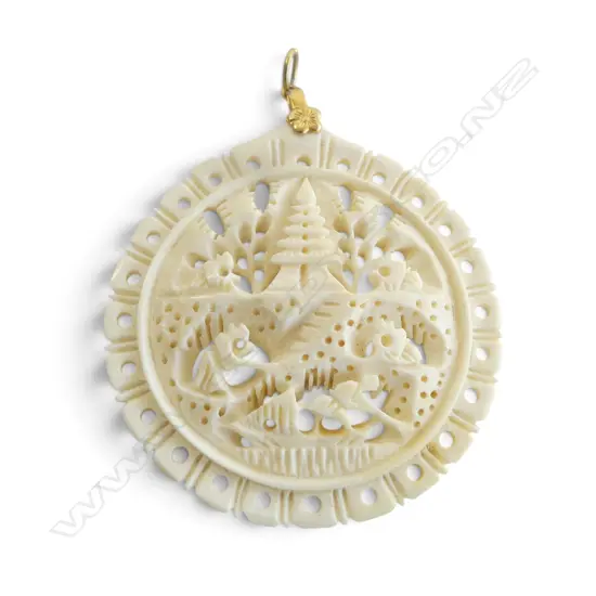 CARVED IVORY LGE DISC PENDANT landscape w temple Dia.52mm