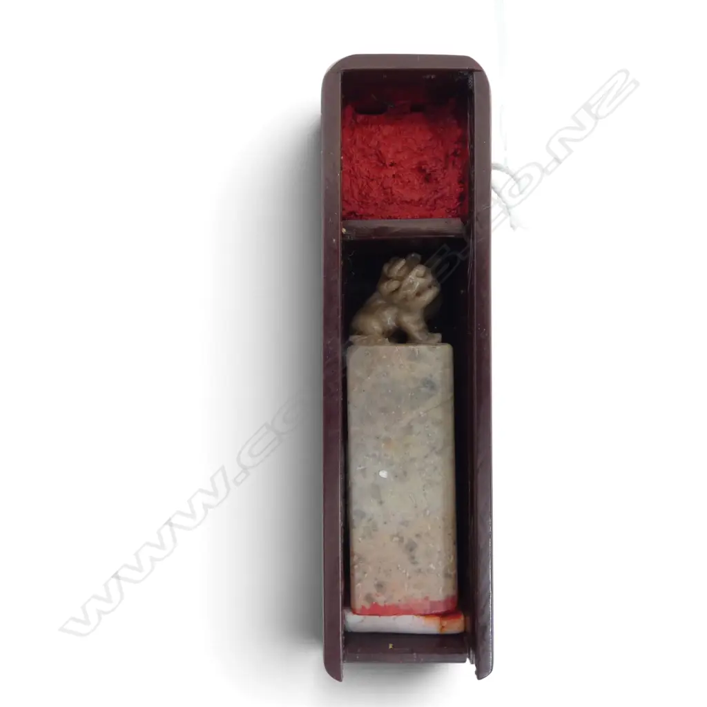 ORIENTAL CAST BRONZE HORSE ON WOOD BASE H180MM & CASED HARDSTONE CHOP L95MM Image 1++