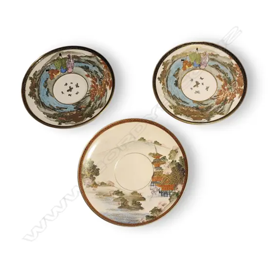 3 HAND-PAINTED JAPANESE SATSUMA SAUCERS 140mm Dia.