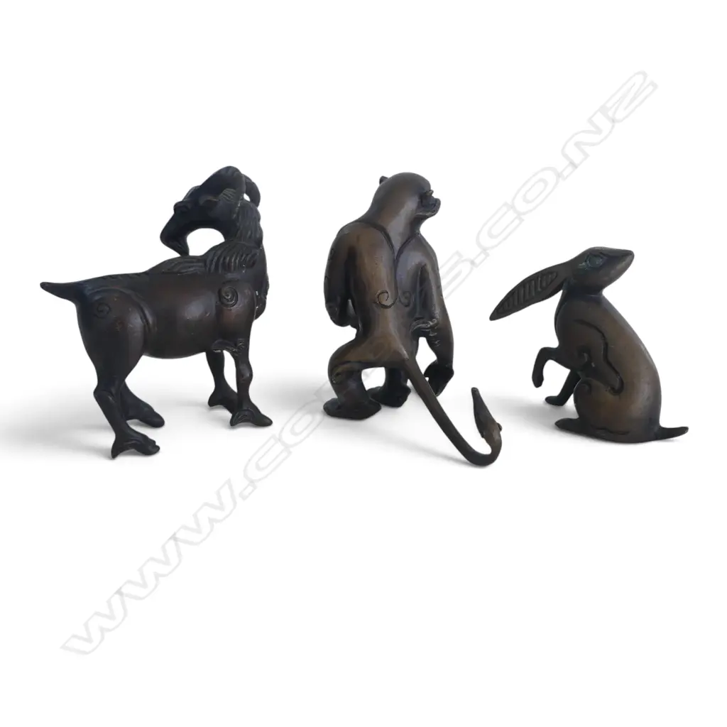 3 BRONZED ORNAMENTS; MONKEY, GOAT & RABBIT H.90mm Image 1++
