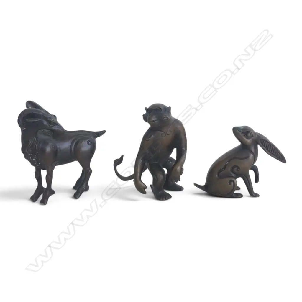 3 BRONZED ORNAMENTS; MONKEY, GOAT & RABBIT H.90mm Image 1++