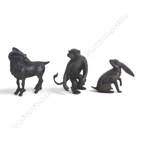 3 BRONZED ORNAMENTS; MONKEY, GOAT & RABBIT H.90mm